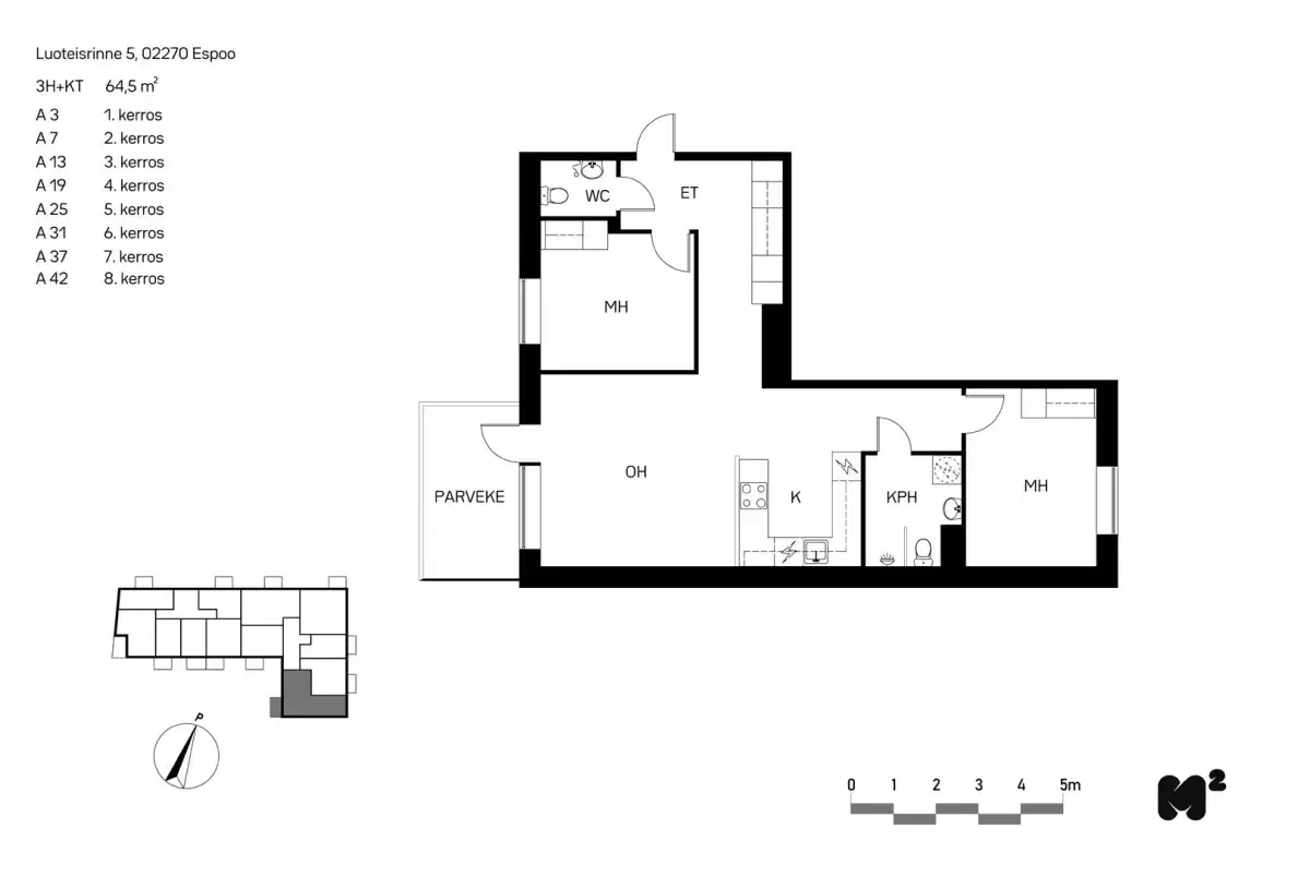3h+kt 64,5 m², luoteisrinne 5 espoo