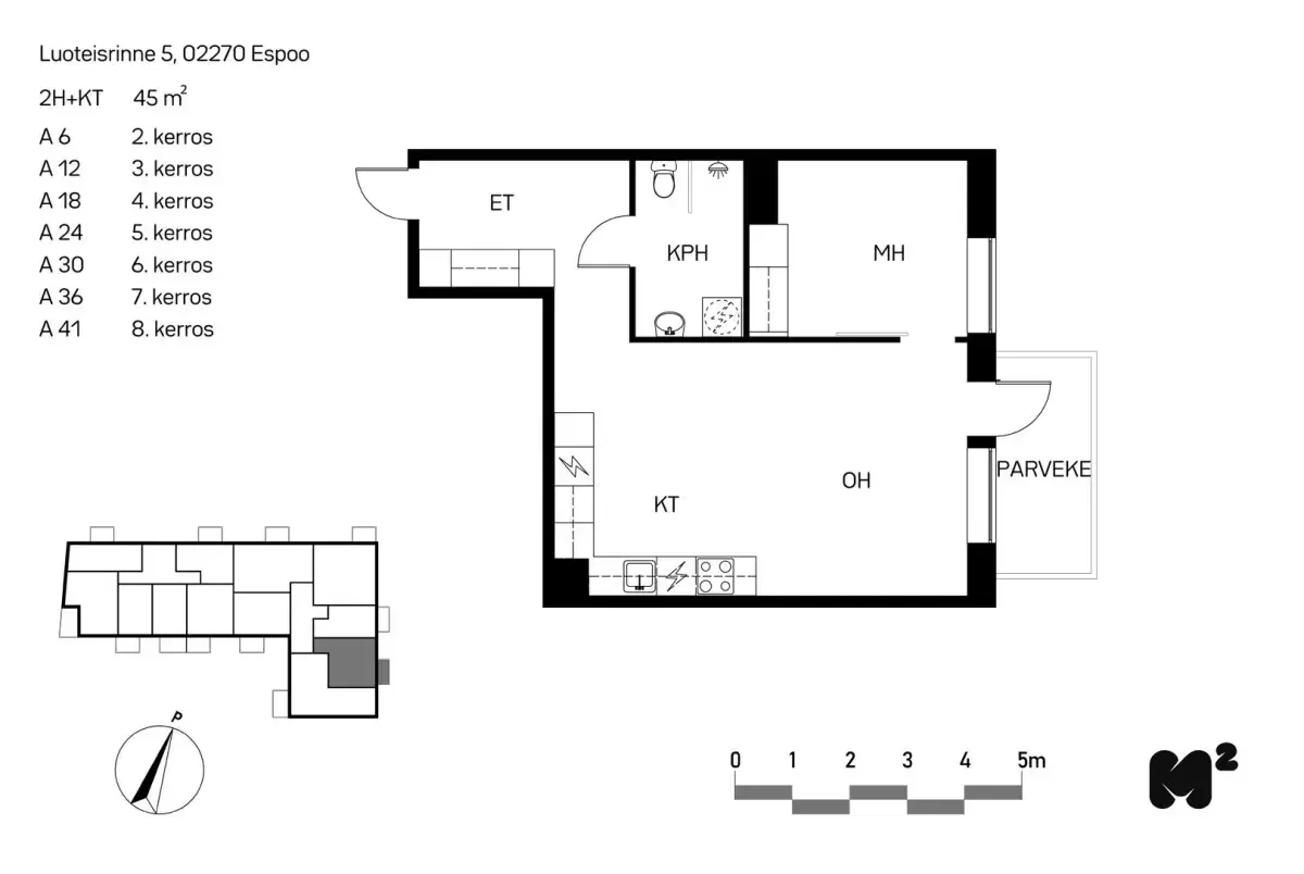 2h+kt 45,0 m², luoteisrinne 5 espoo