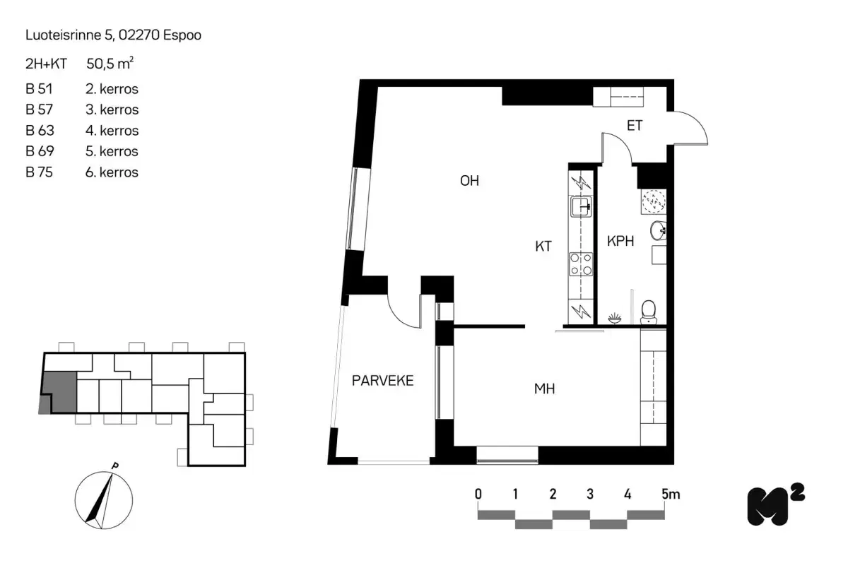 2h+kt 50,0 m², luoteisrinne 5 espoo
