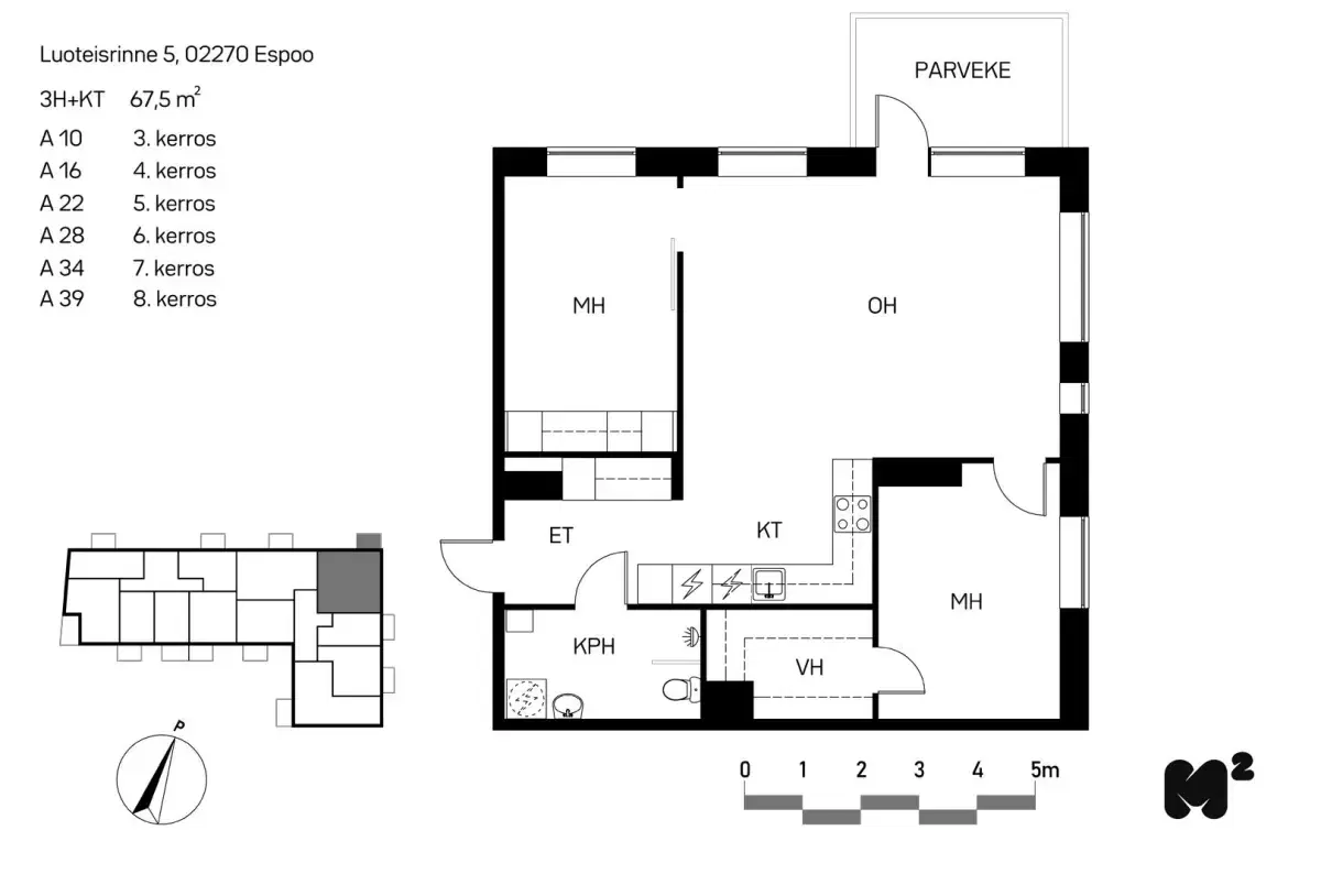3h+kt+vh 67,5 m², luoteisrinne 5 espoo