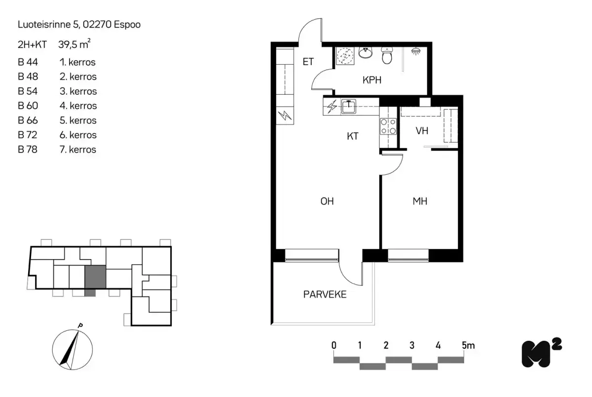 2h+kt+vh 39,5 m², luoteisrinne 5 espoo