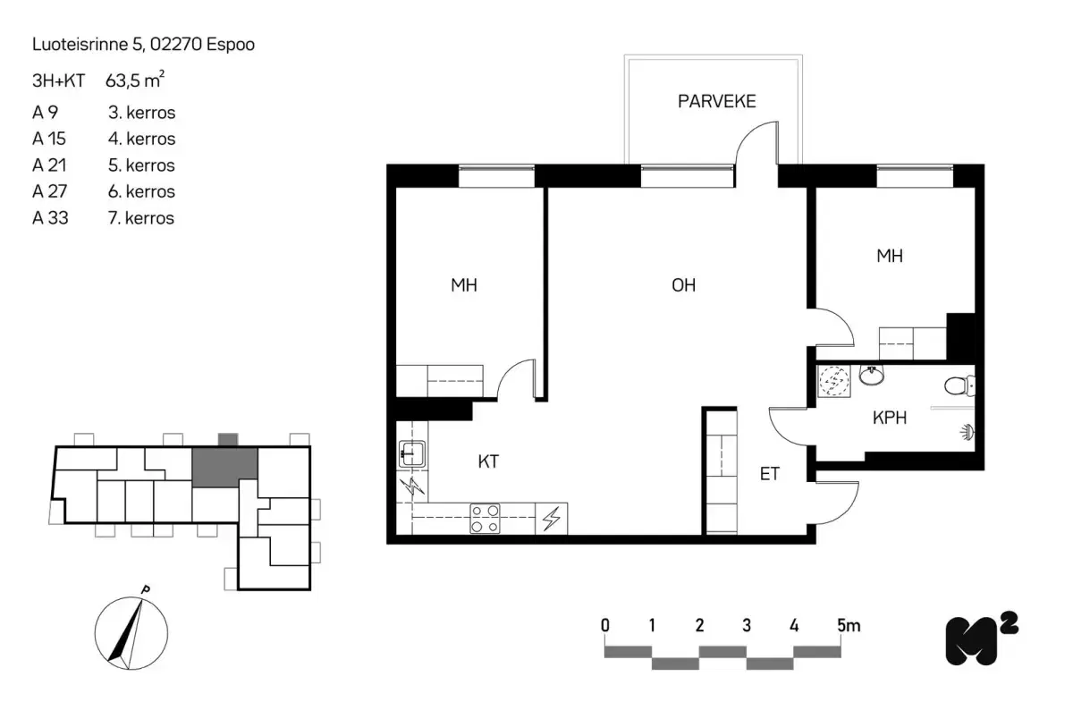 3h+kt 63,5 m², luoteisrinne 5 espoo