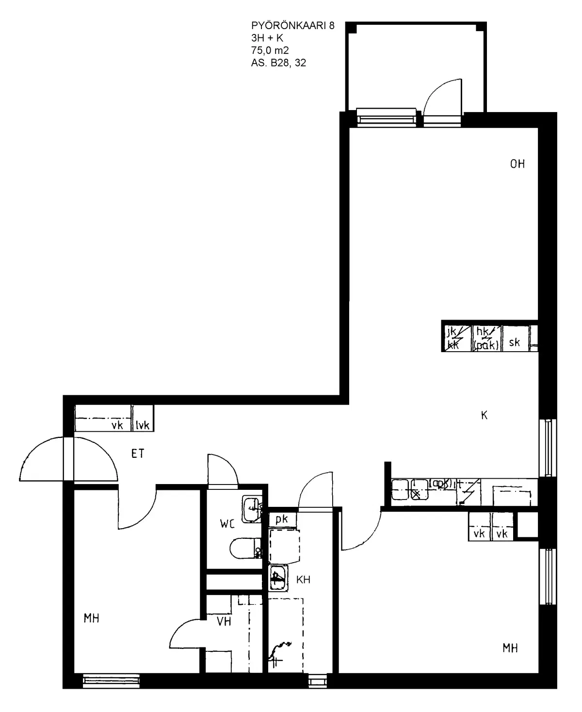 3h+k 75,0 m², pyörönkaari 8 kuopio