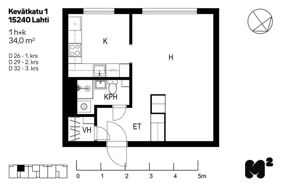 1h+k 34,0 m², kevätkatu 1 lahti