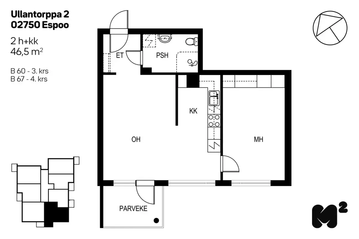 2h+kk 46,5 m², ullantorppa 2 espoo